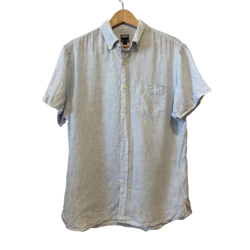 Todd Snyder Mens Button Down Shirt Size L Blue Stripe 100% Linen Short Sleeve